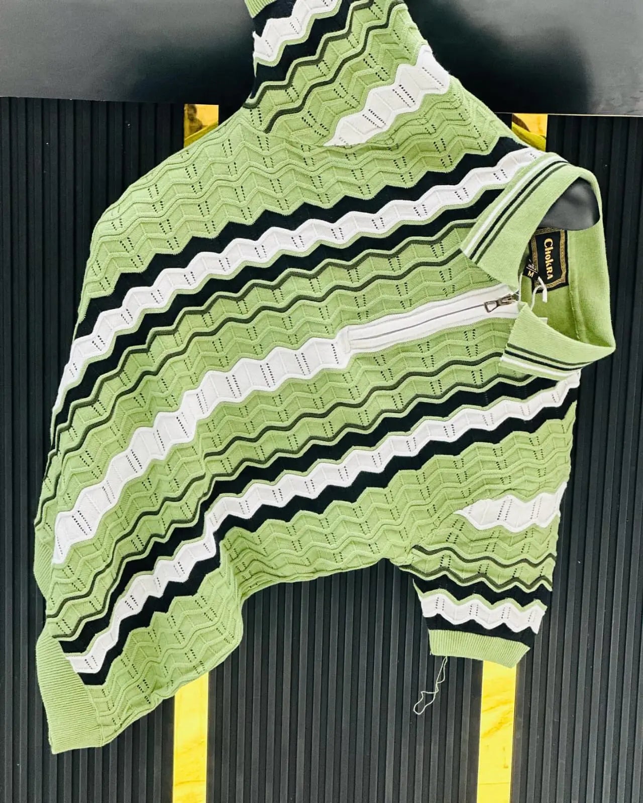 Mint Wave Textured Zip Polo Tee PATTERNS FOR MEN