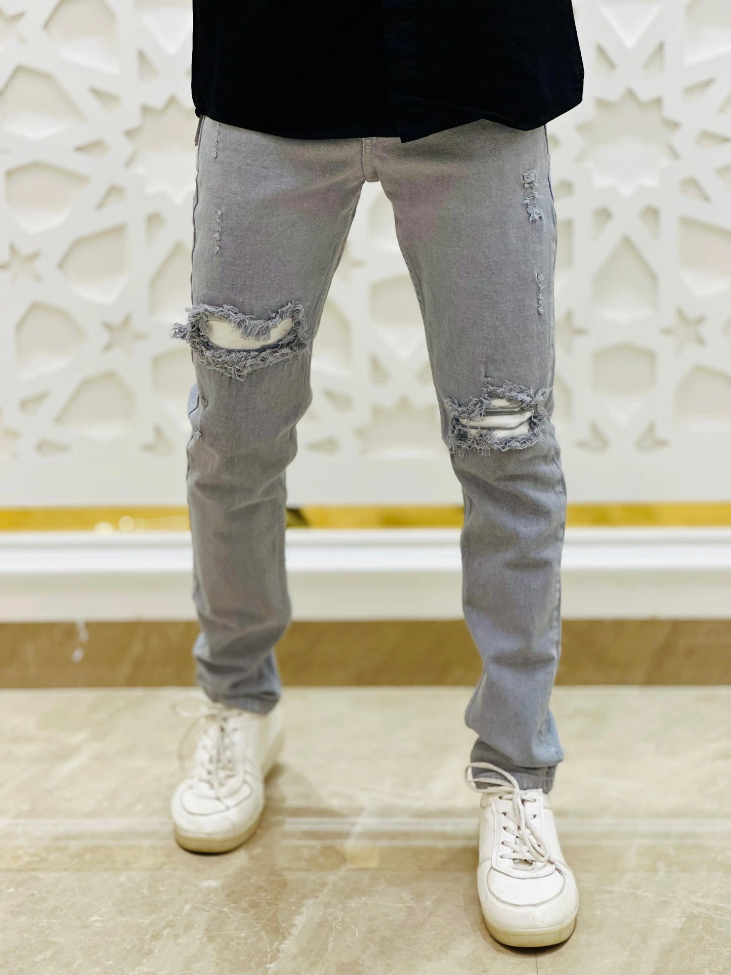 Urban Fray Light Grey Distressed Jeans PATTERNS FOR MEN