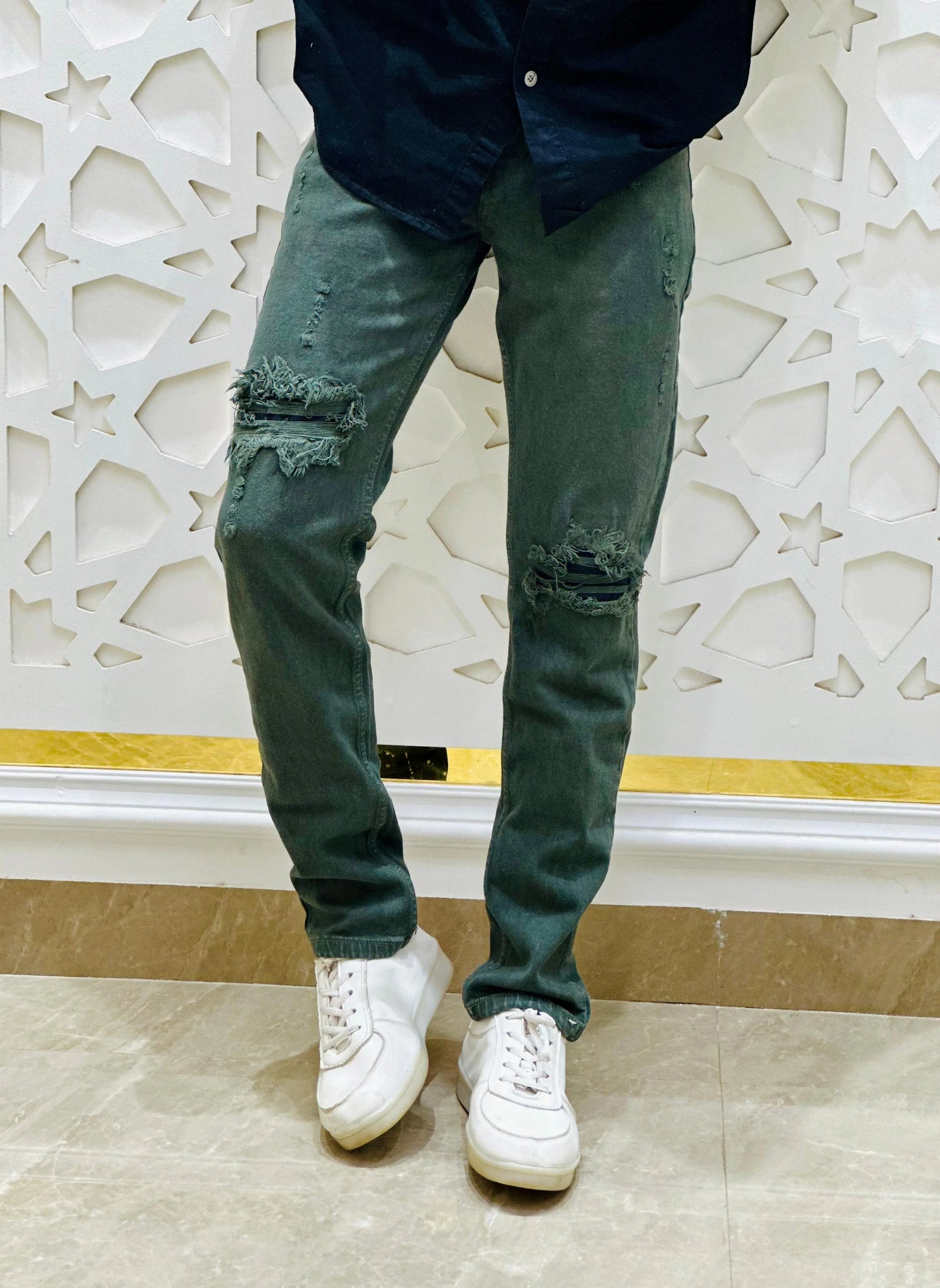 Men's Olive Green Distressed Slim-Fit Jeans PATTERNS FOR MEN
