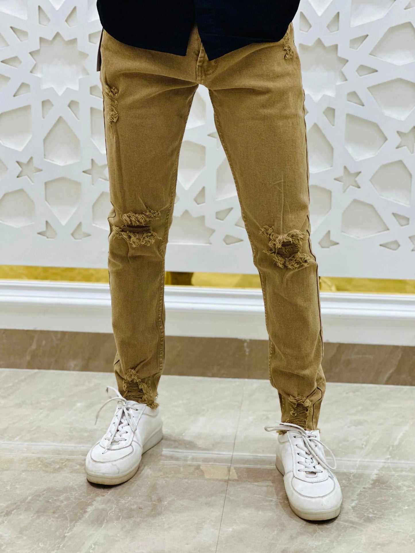 Men's Caramel Brown Distressed Slim-Fit Jeans PATTERNS FOR MEN