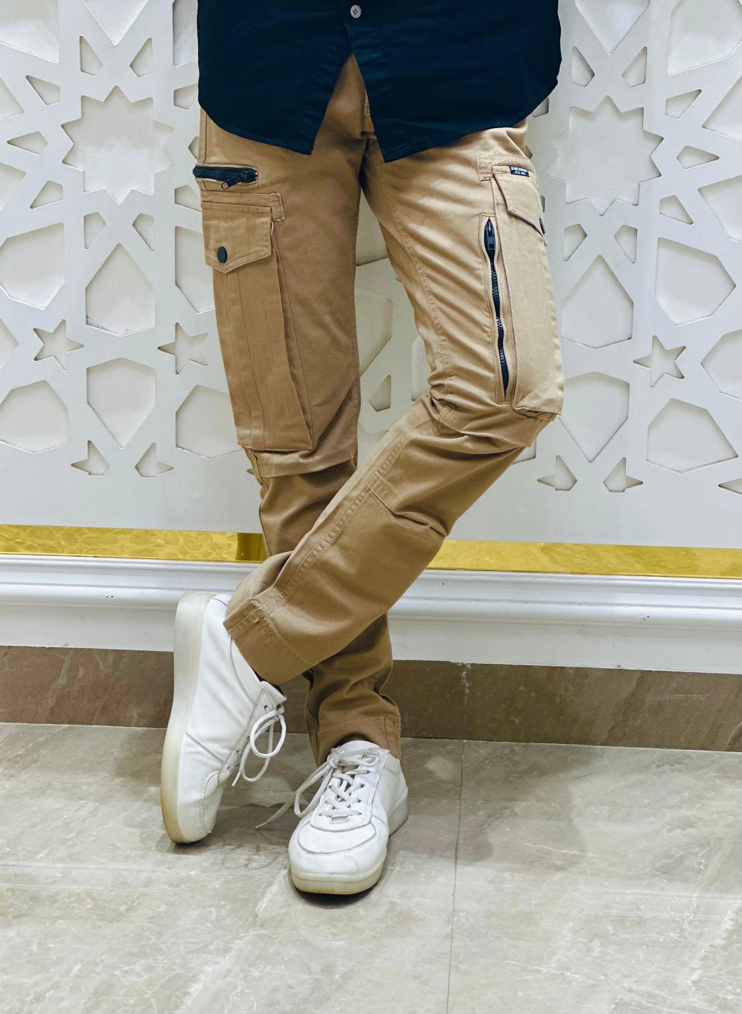 Tan Tactical Cargo Jeans with Multi-Zipper Design PATTERNS FOR MEN