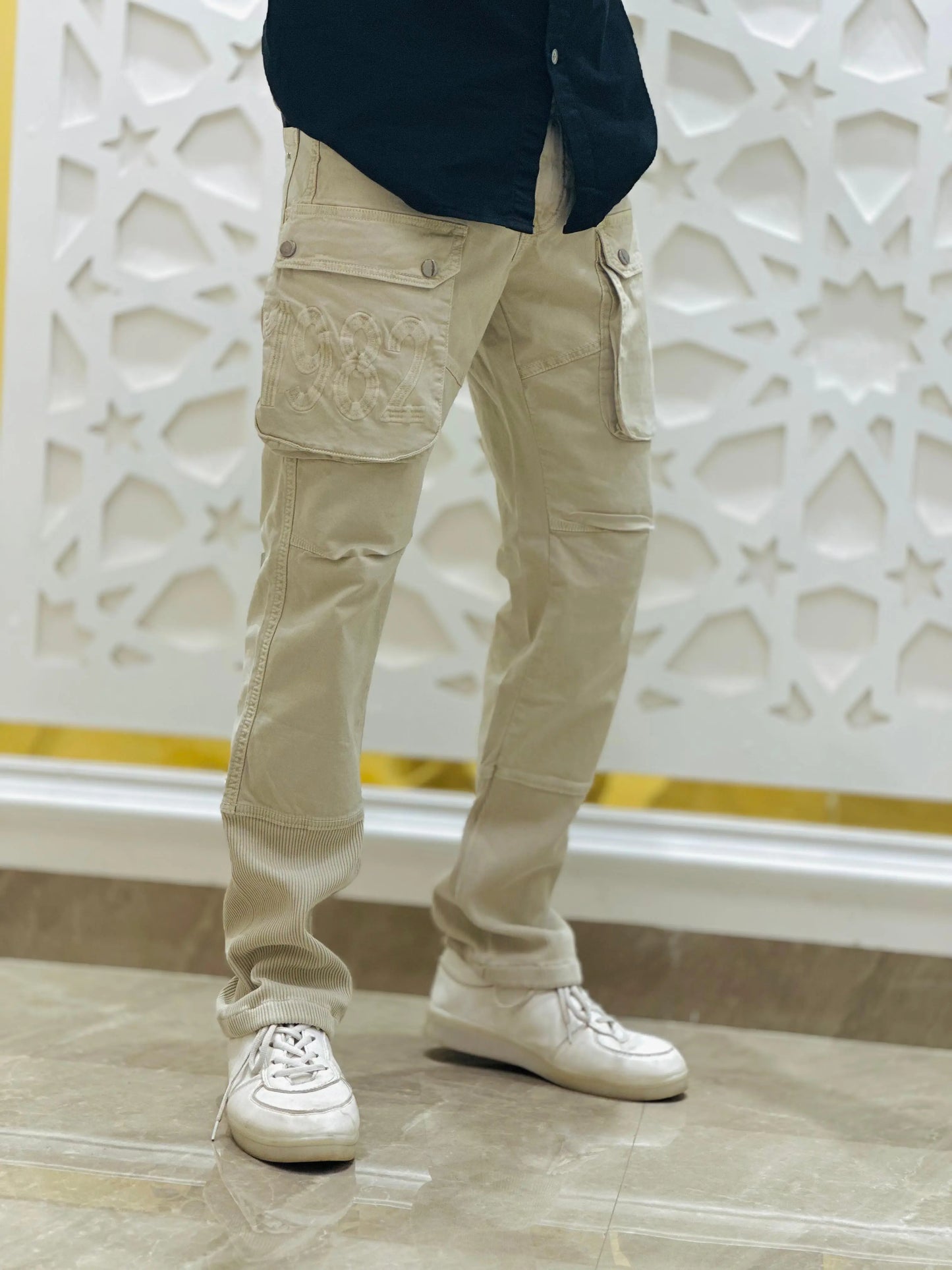 Beige 1982 Embroidered Cargo Jeans with Ribbed Detailing PATTERNS FOR MEN