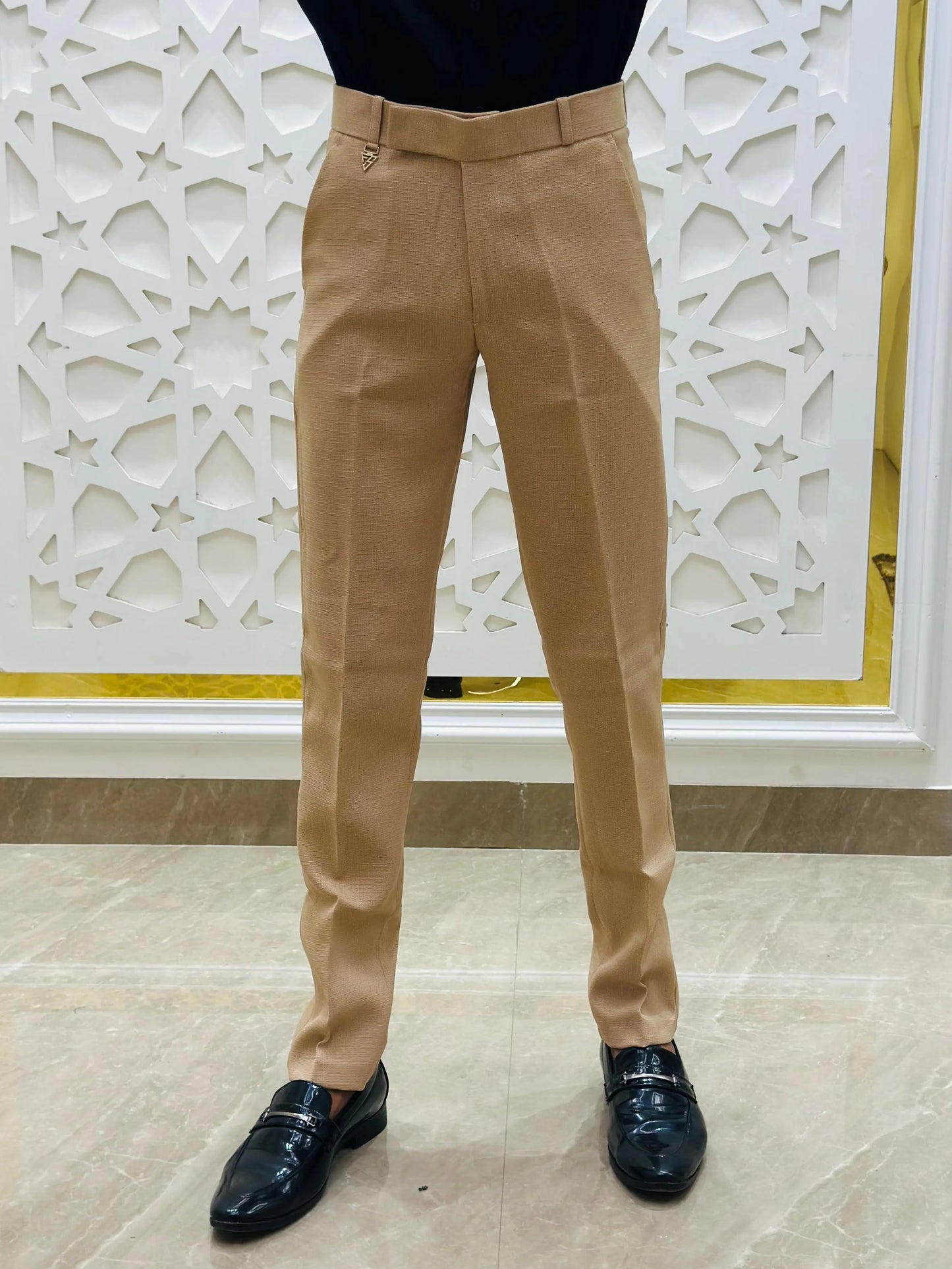 Camel Beige Slim-Fit Formal Trouser PATTERNS FOR MEN
