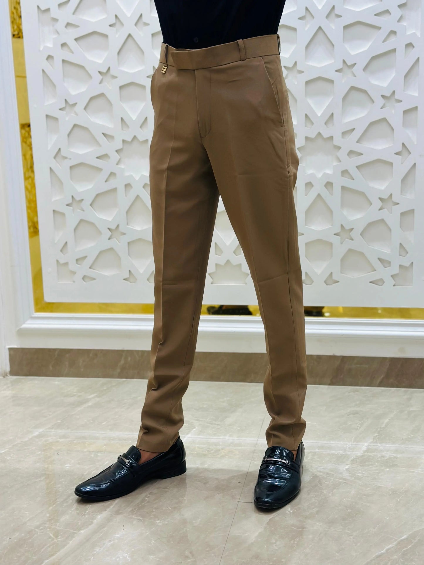 Camel Brown Slim-Fit Formal Trouser PATTERNS FOR MEN