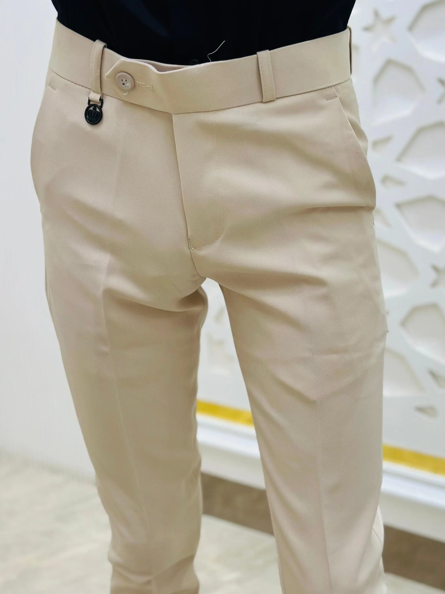 Ivory Cream Slim-Fit Formal Trouser with Buttoned Waist Detail PATTERNS FOR MEN