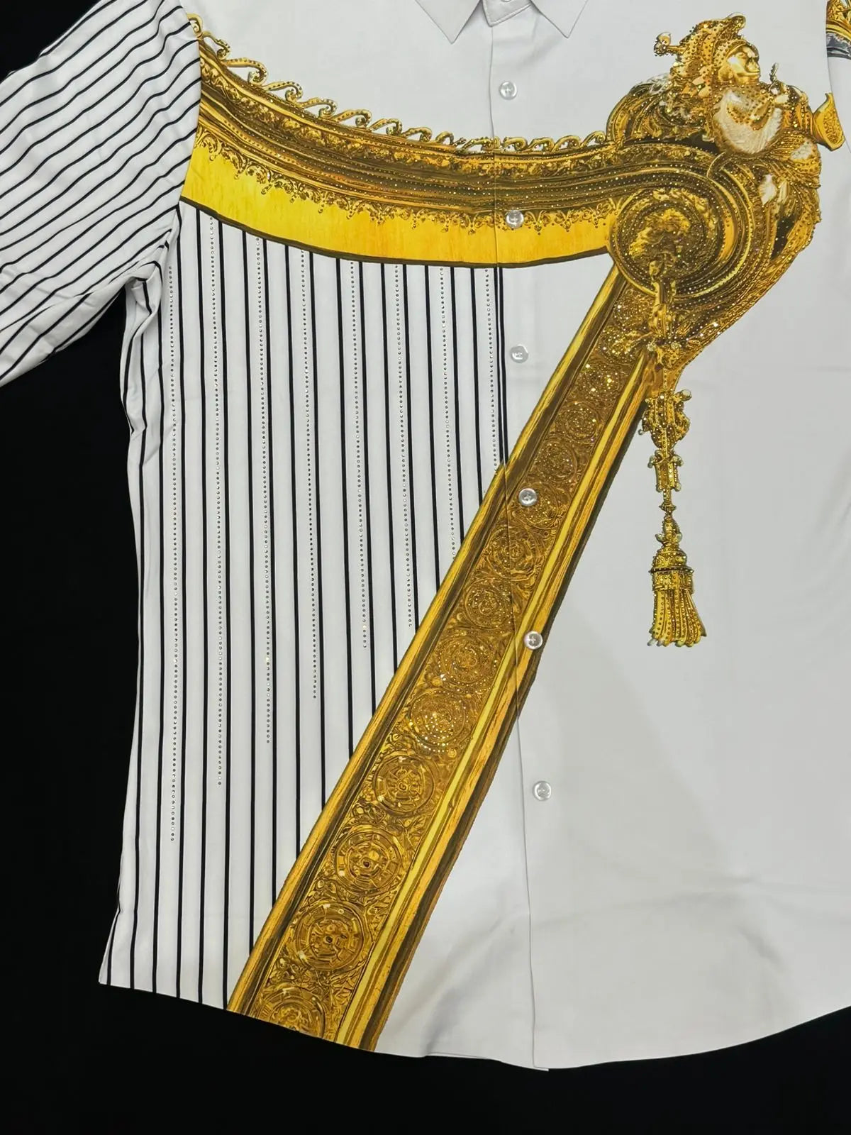 Imported Luxury Men's Shirt – Bold Gold Frame & Stripe Print | Party Wear – ₹1999 PATTERNS FOR MEN