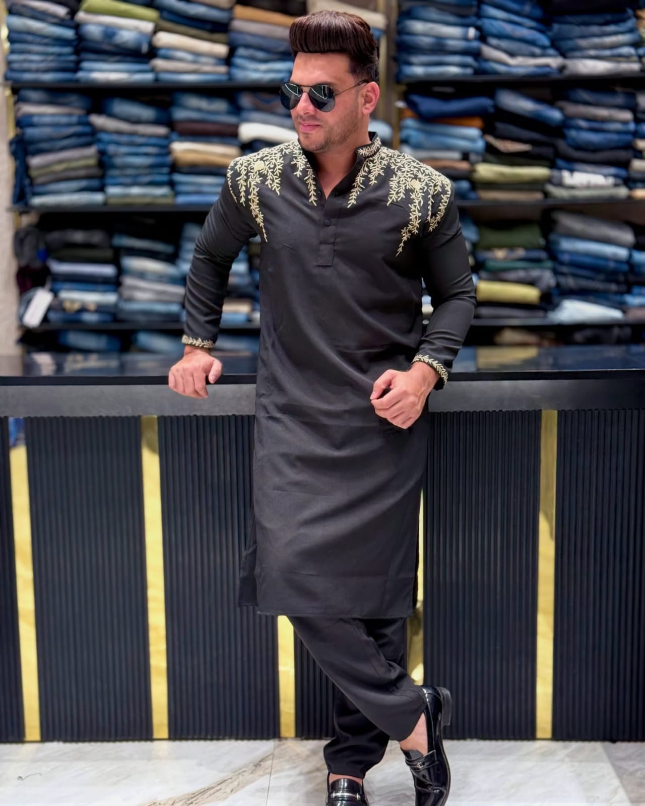 Royal Black Golden Embroidered Kurta for Men PATTERNS FOR MEN