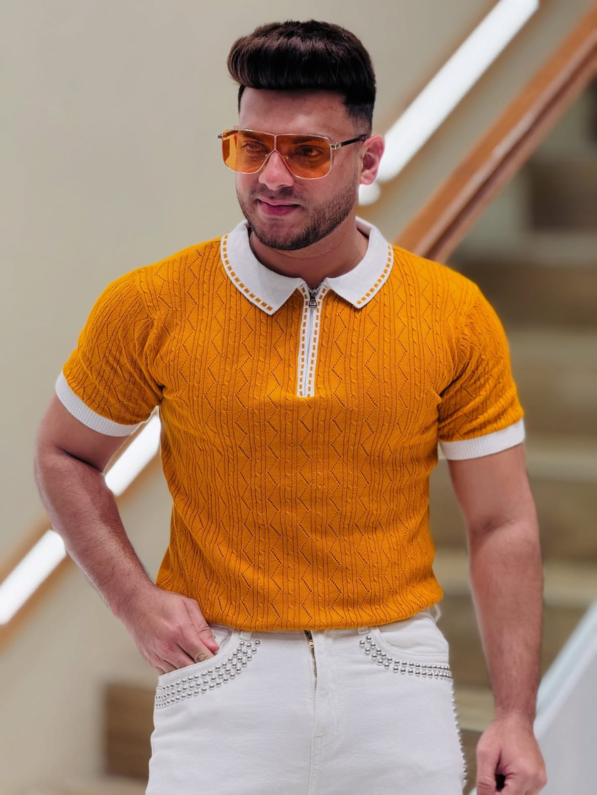 Retro Mustard Knit Polo T-Shirt PATTERNS FOR MEN