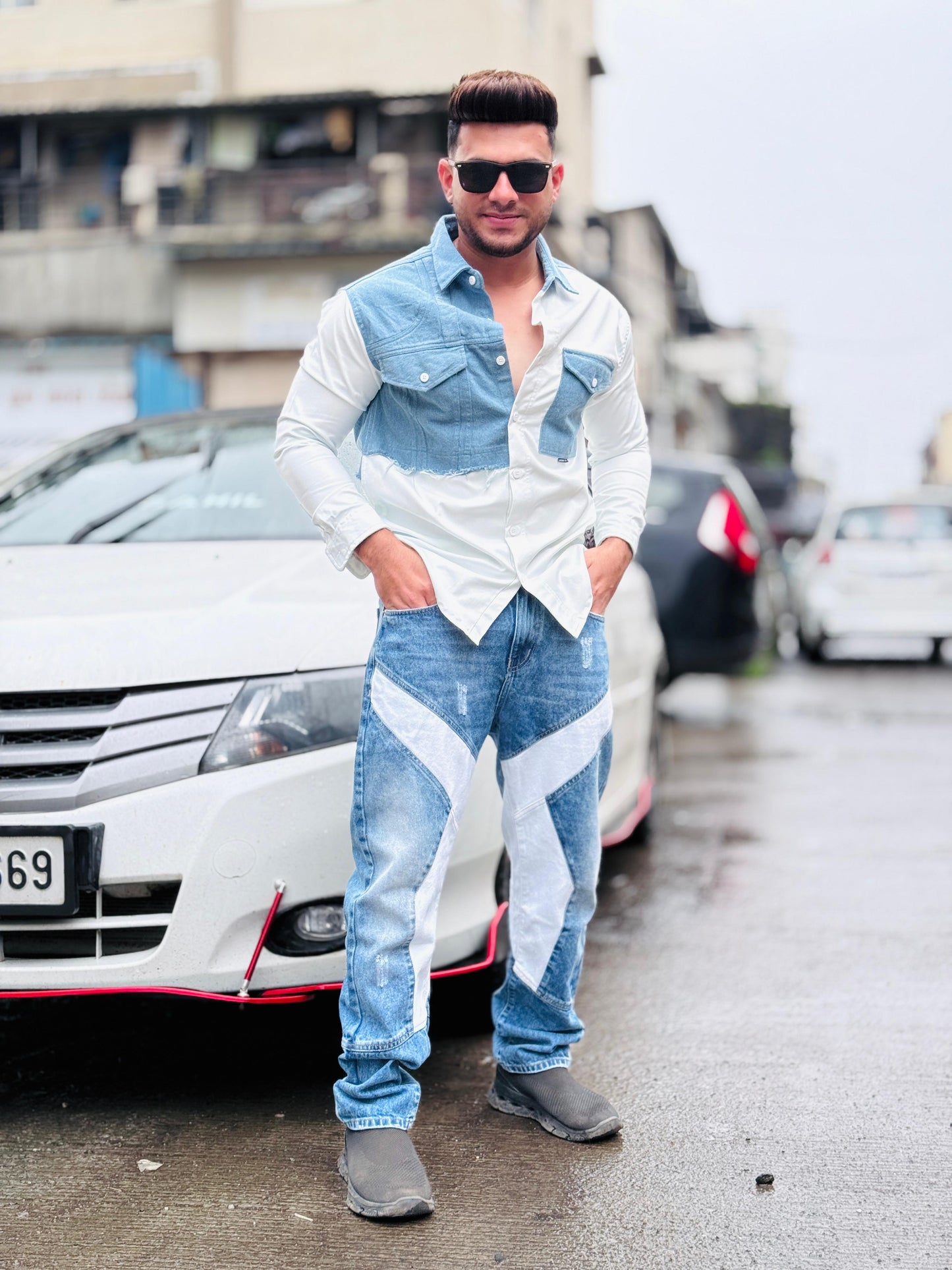 Two-Tone Denim Panel Casual Shirt PATTERNS FOR MEN