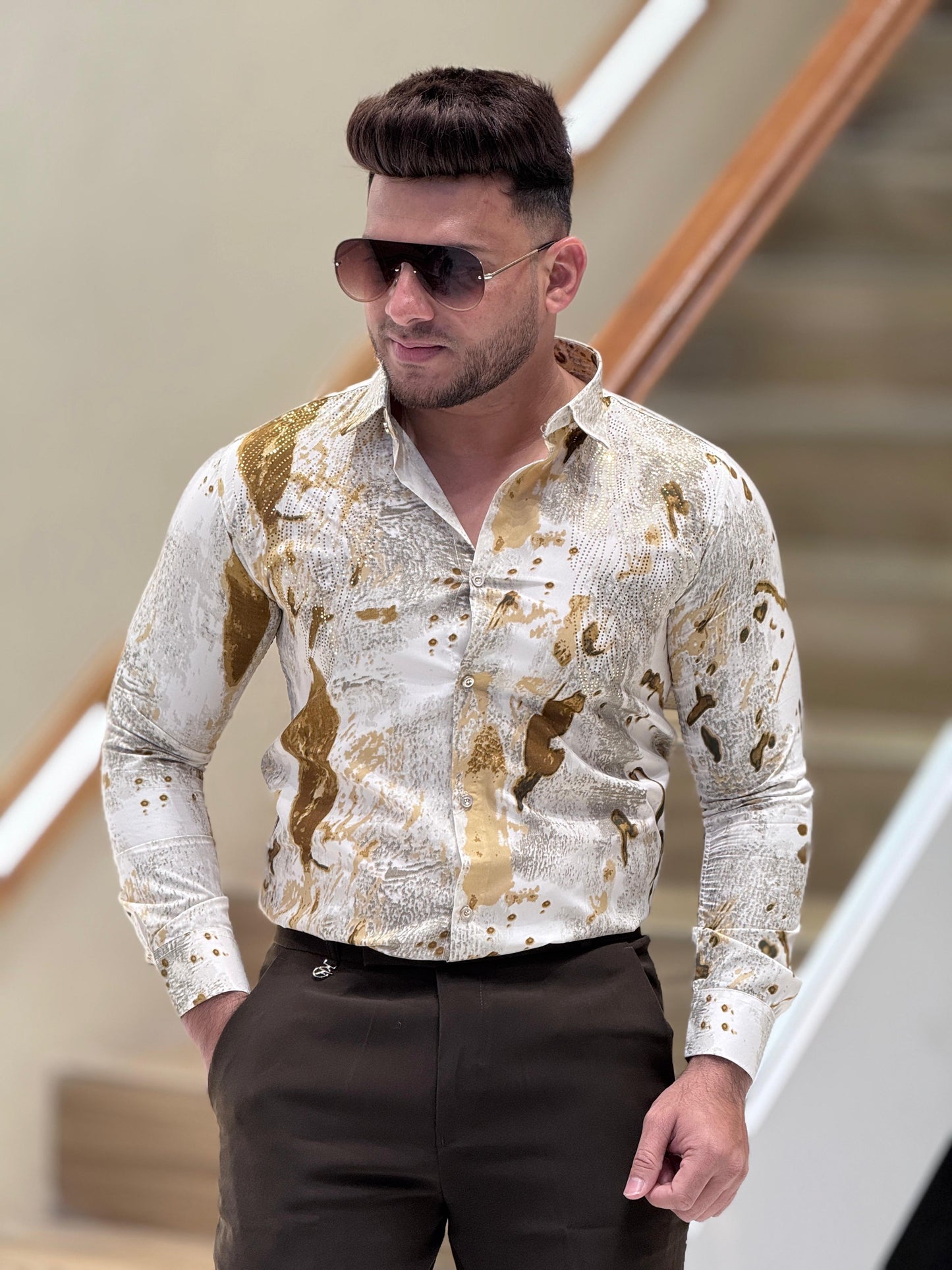 Golden Abstract Print Shirt PATTERNS FOR MEN