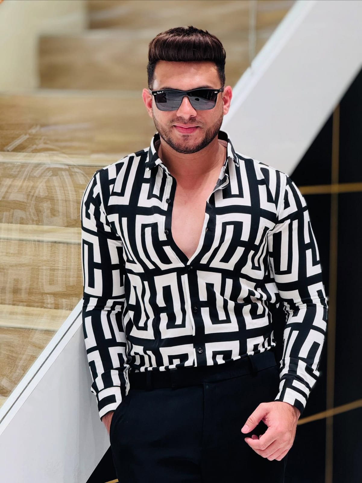 Bold Black & White Geometric Print Shirt PATTERNS FOR MEN