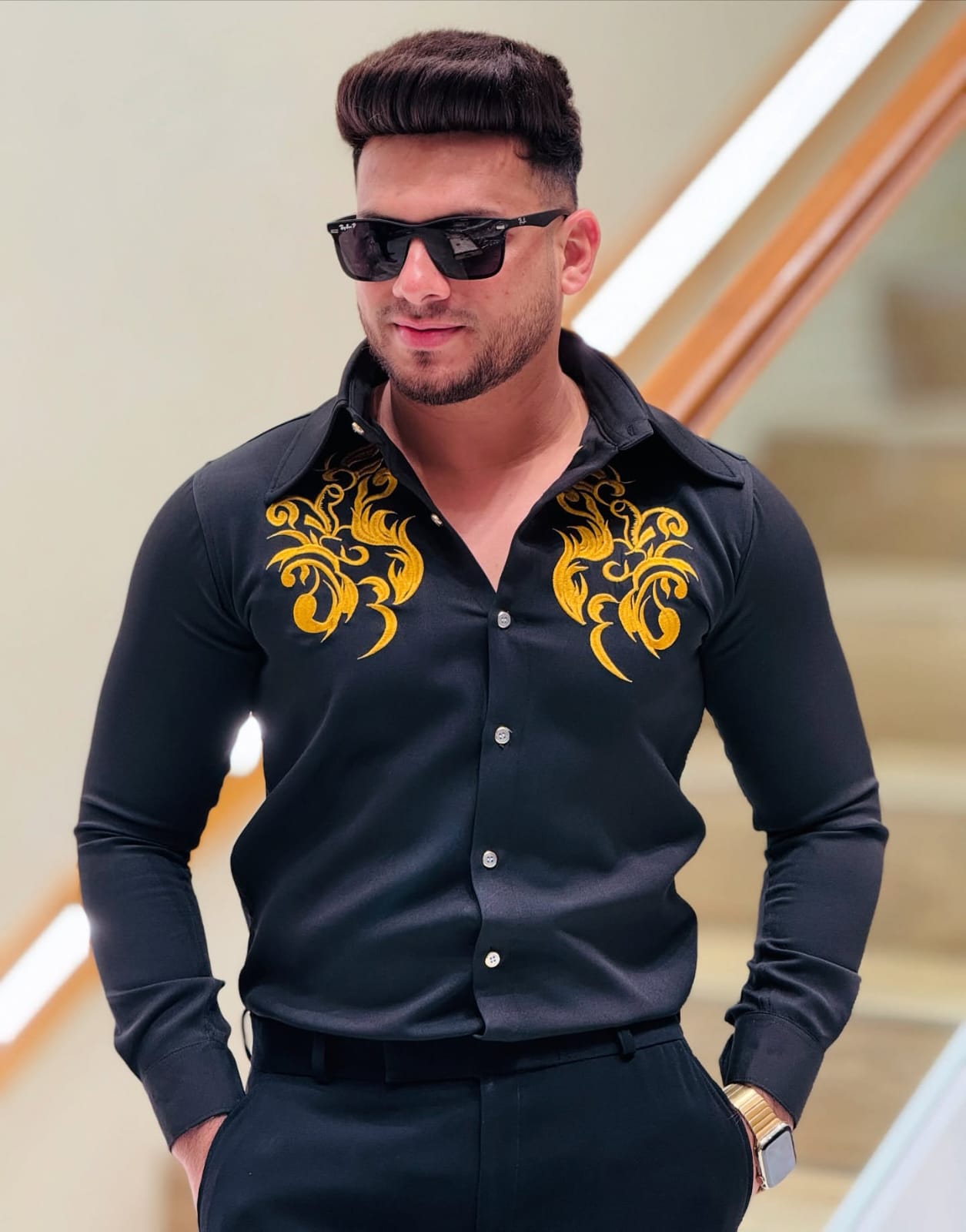 Black Shirt with Golden Embroidery Detailing PATTERNS FOR MEN