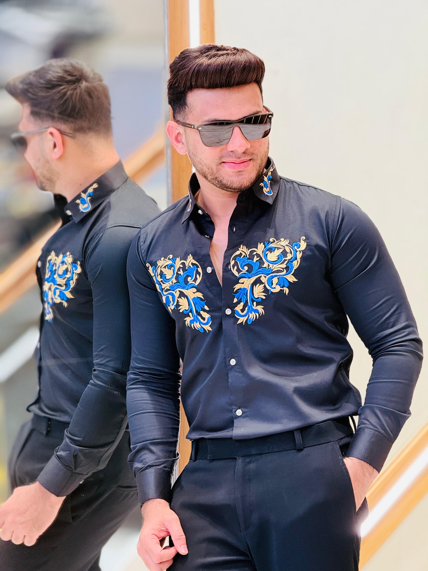 Royal Black Embroidered Party Wear Shirt PATTERNS FOR MEN