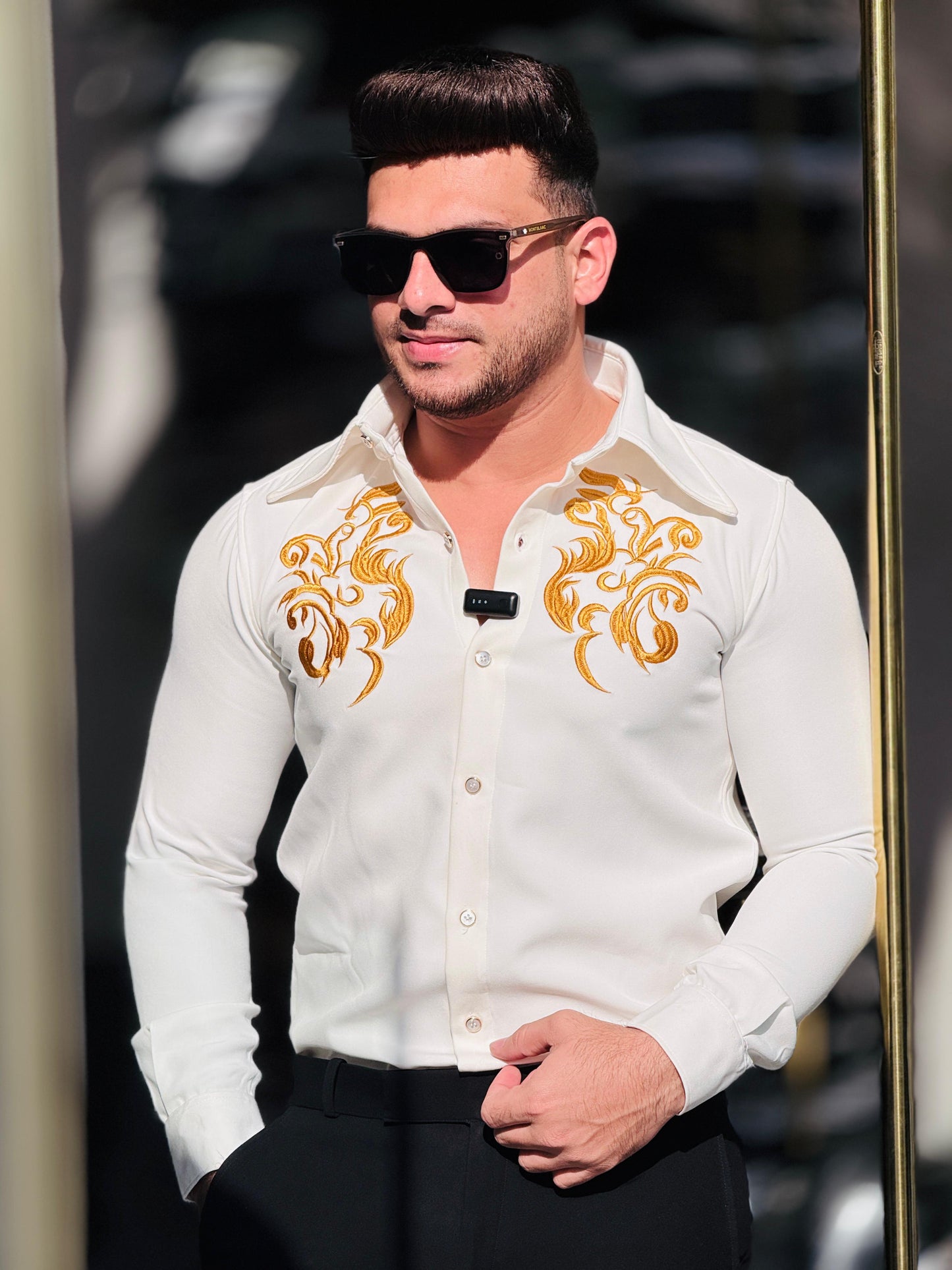 White Shirt with Golden Embroidery Detailing PATTERNS FOR MEN