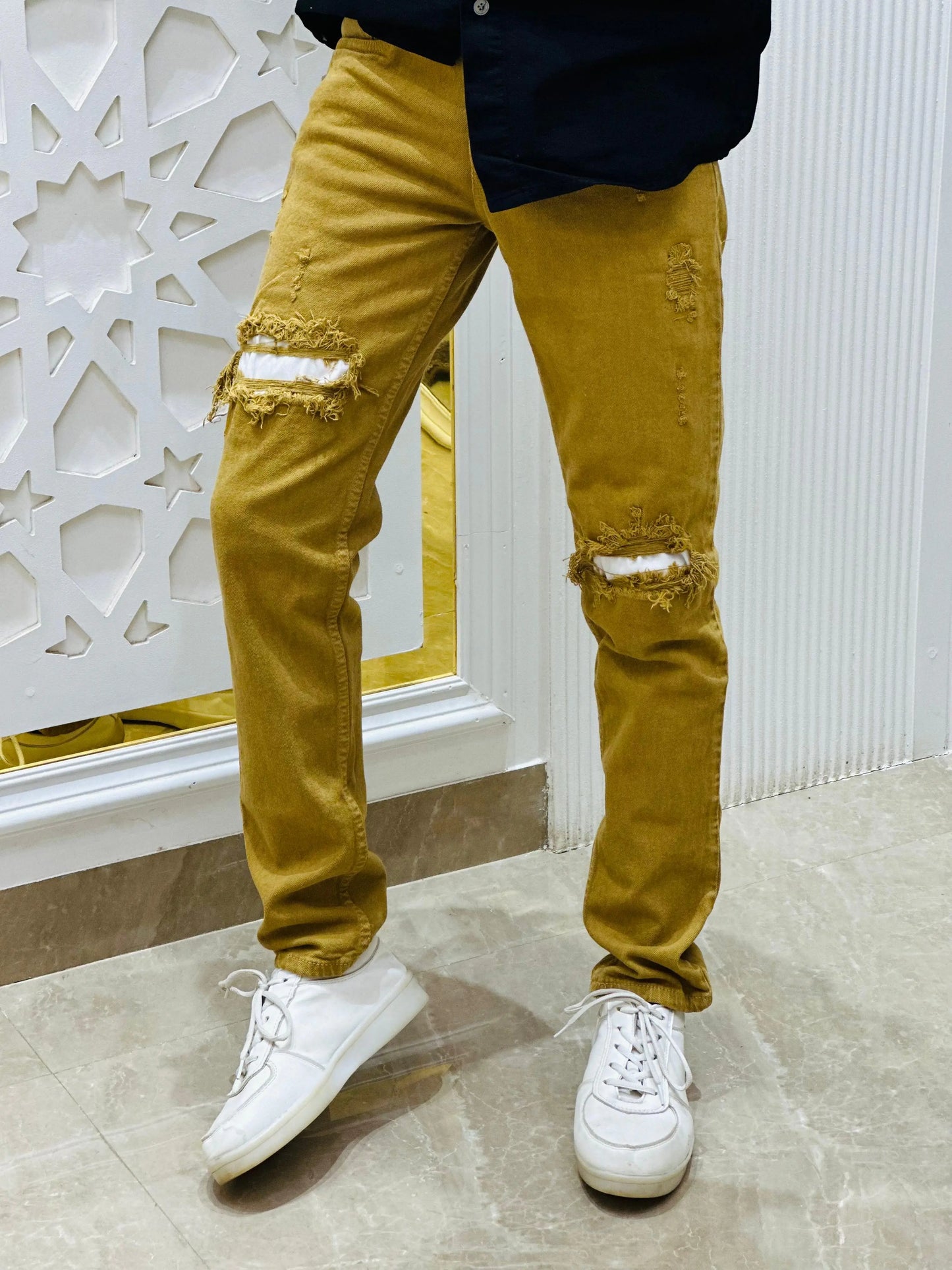 Mustard Distressed Denim Jeans PATTERNS FOR MEN