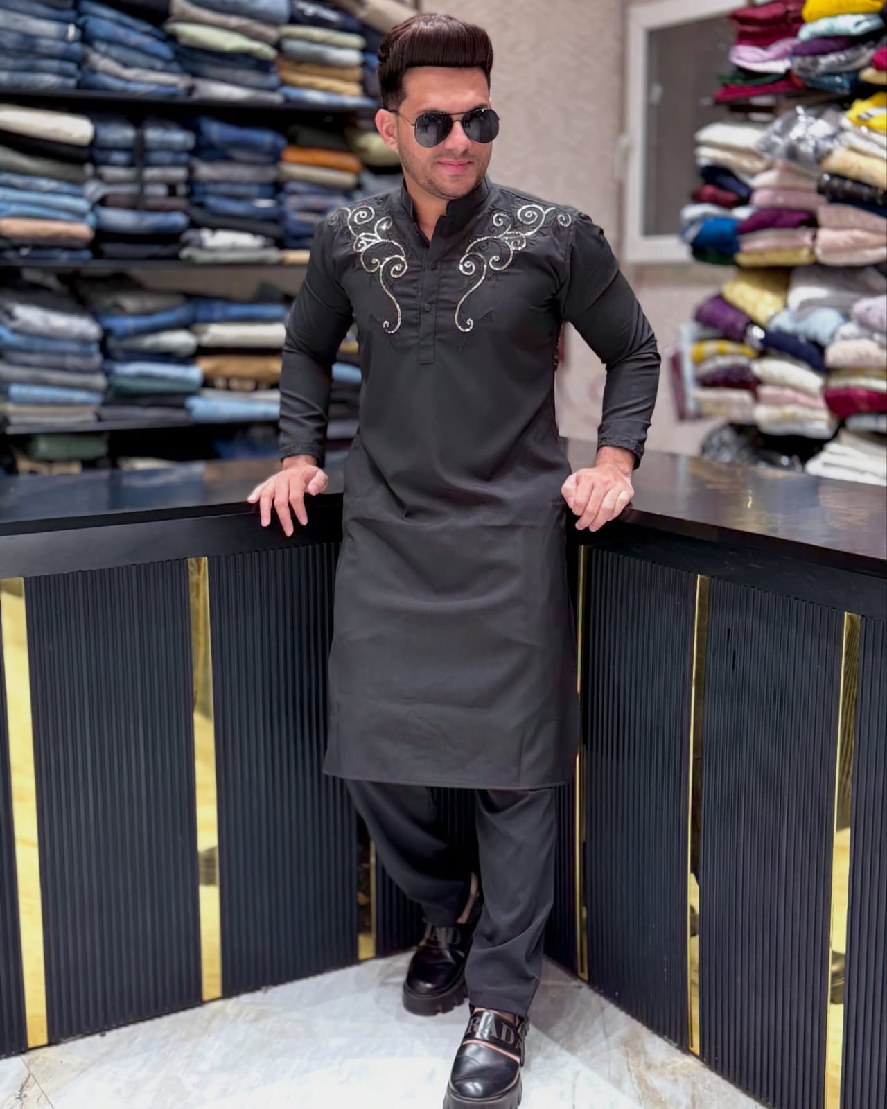 Airforce Black Embroidered Kurta for Men PATTERNS FOR MEN