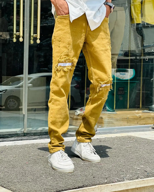 Mustard Distressed Denim Jeans PATTERNS FOR MEN