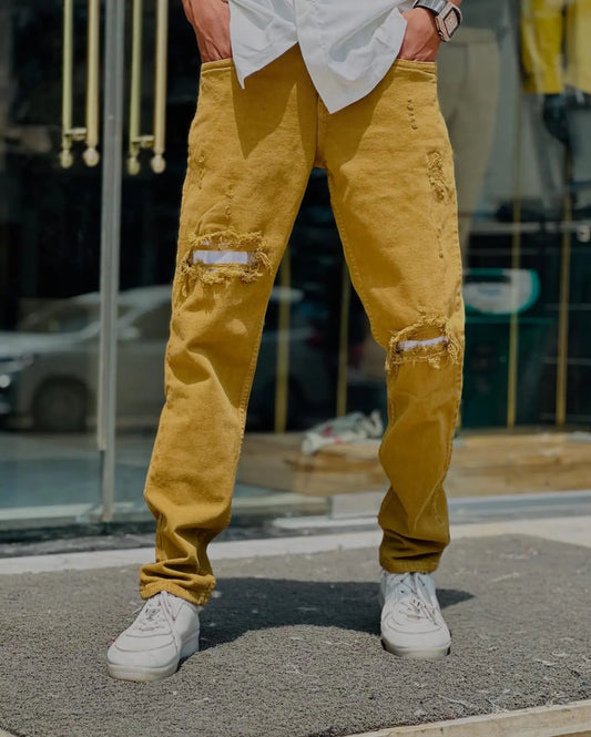 Mustard Distressed Denim Jeans PATTERNS FOR MEN