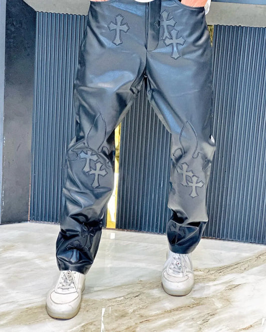 Midnight Black Faux Leather Cross Patch Jeans PATTERNS FOR MEN