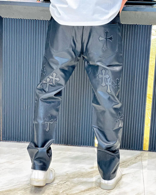 Midnight Black Faux Leather Cross Patch Jeans PATTERNS FOR MEN