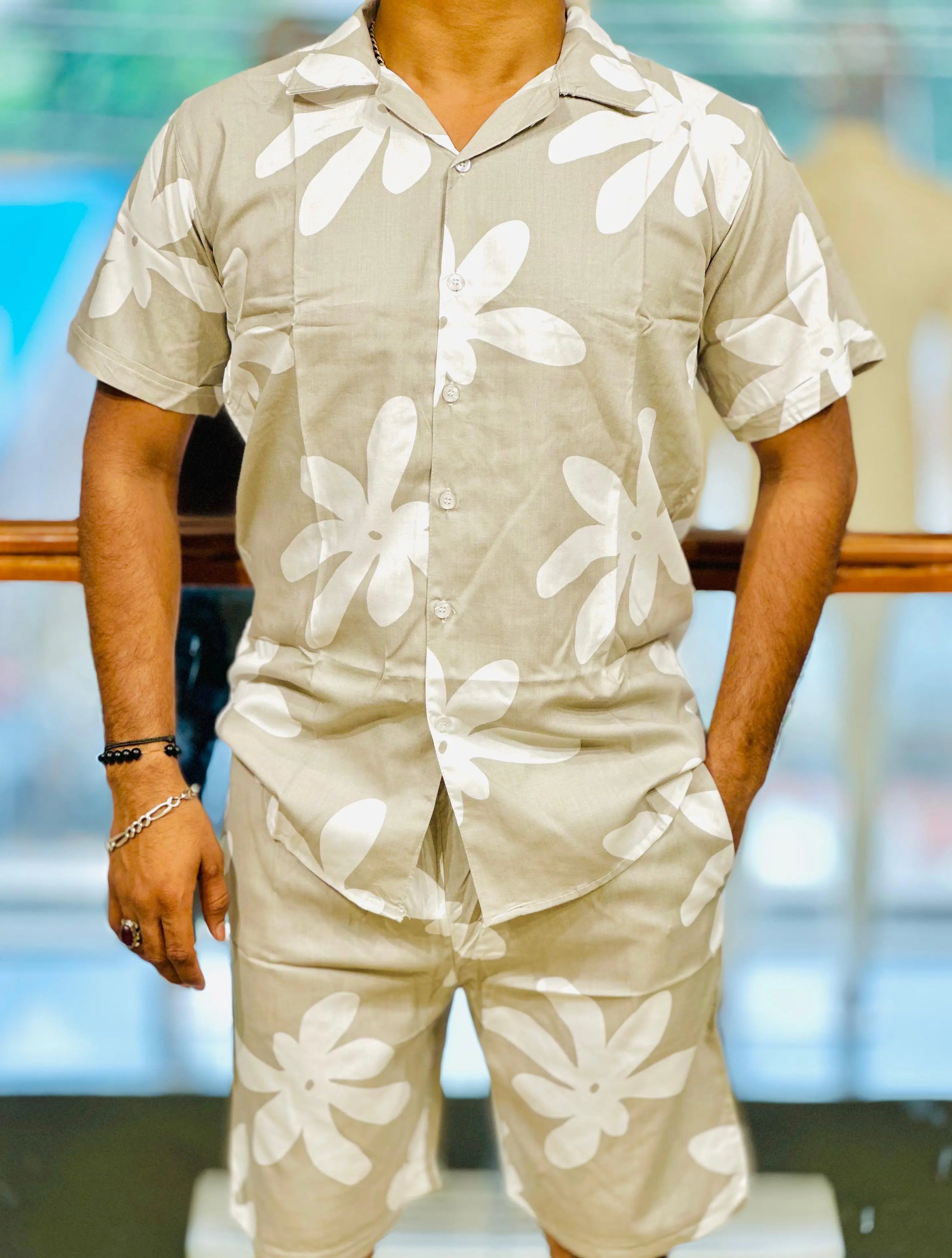 Tropical Bloom – Beige Floral Short Suit PATTERNS FOR MEN