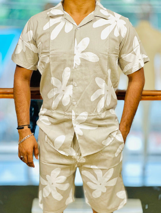 Tropical Bloom – Beige Floral Short Suit PATTERNS FOR MEN