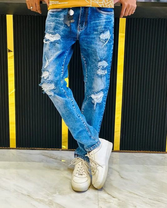 Distressed Ice Blue Slim Fit Denim PATTERNS FOR MEN