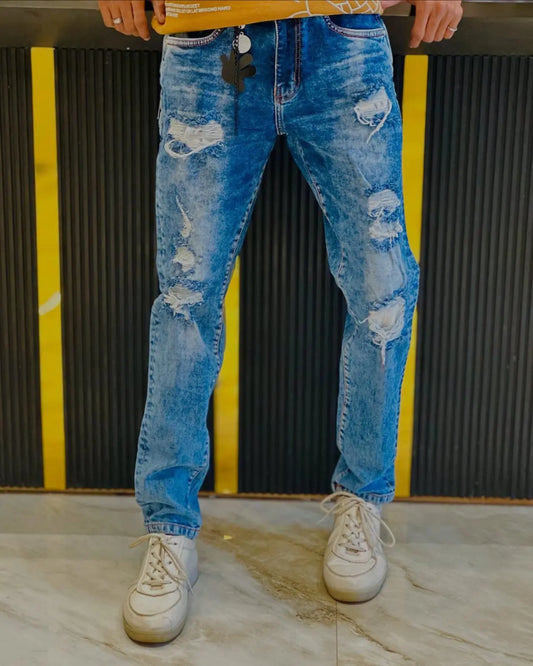 Distressed Ice Blue Slim Fit Denim PATTERNS FOR MEN