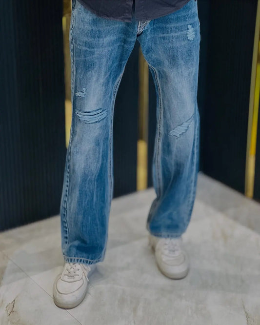 Vintage Blue Distressed Wide-Leg Jeans PATTERNS FOR MEN