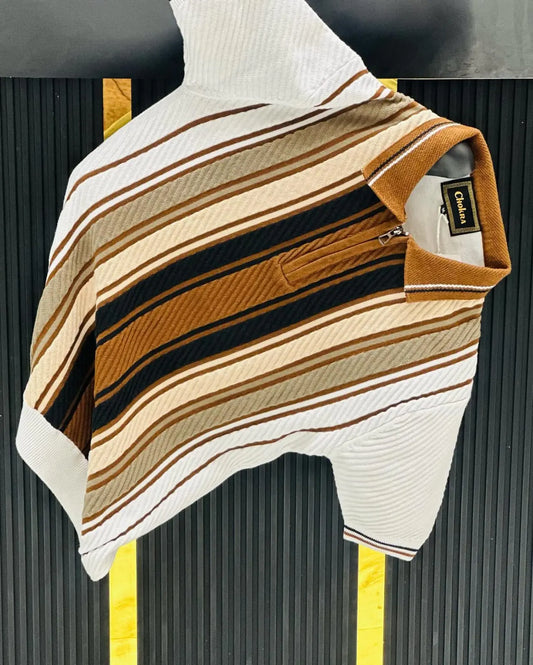 Retro Vibe Striped Zip Polo Tee PATTERNS FOR MEN