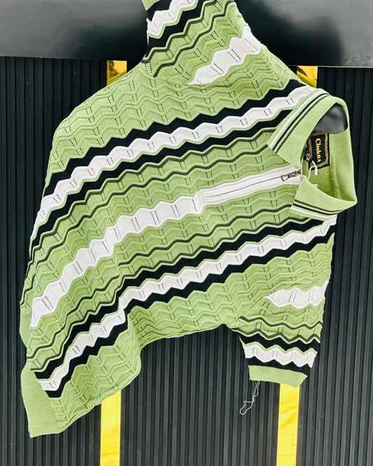 Mint Wave Textured Zip Polo Tee PATTERNS FOR MEN
