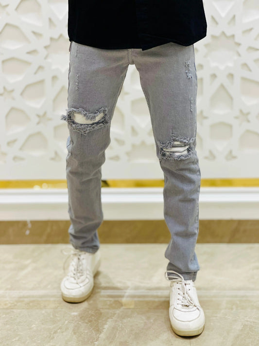Urban Fray Light Grey Distressed Jeans PATTERNS FOR MEN
