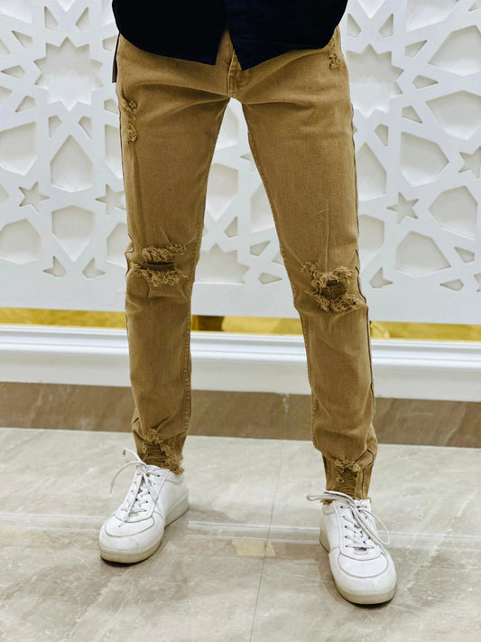 Men's Caramel Brown Distressed Slim-Fit Jeans PATTERNS FOR MEN