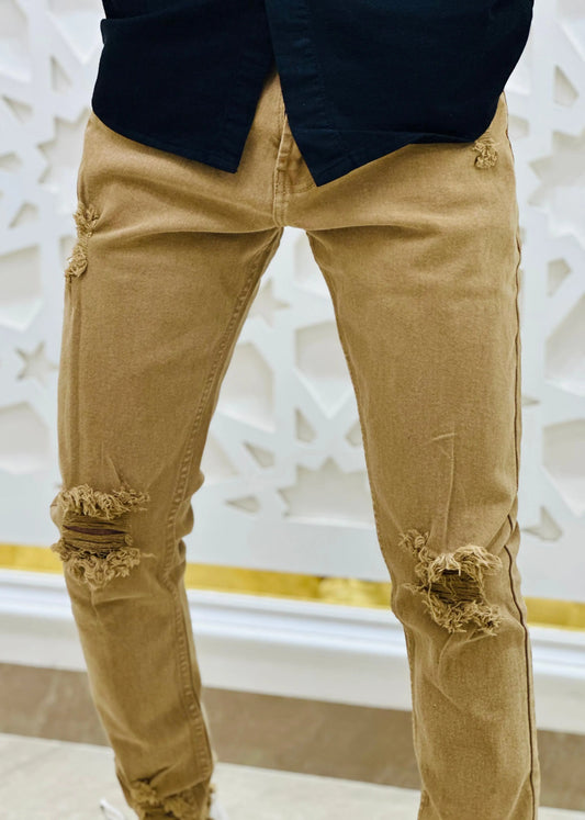 Men's Caramel Brown Distressed Slim-Fit Jeans PATTERNS FOR MEN