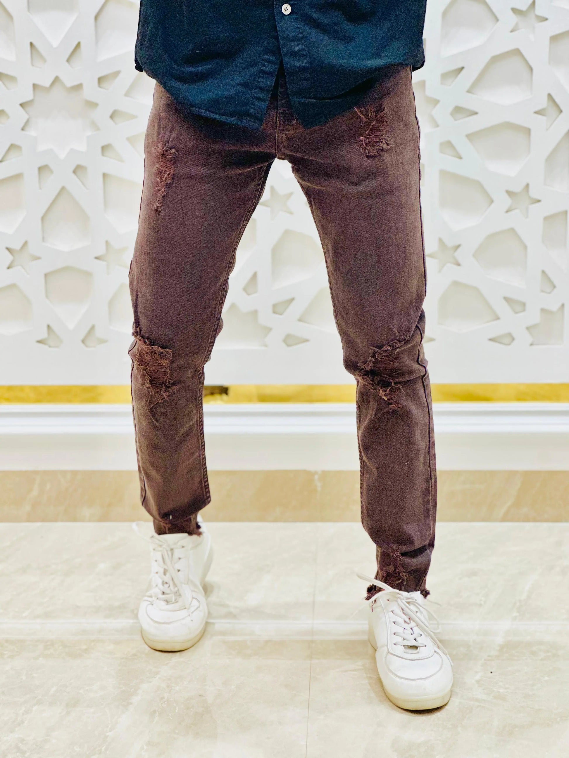"Maroon Distress Fit Denim" PATTERNS FOR MEN