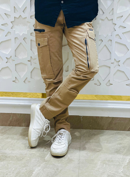 Tan Tactical Cargo Jeans with Multi-Zipper Design PATTERNS FOR MEN