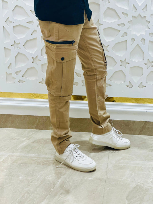 Tan Tactical Cargo Jeans with Multi-Zipper Design PATTERNS FOR MEN