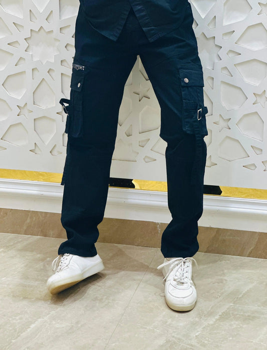 Black Utility Cargo Jeans with Buckle & Zip Detailing PATTERNS FOR MEN