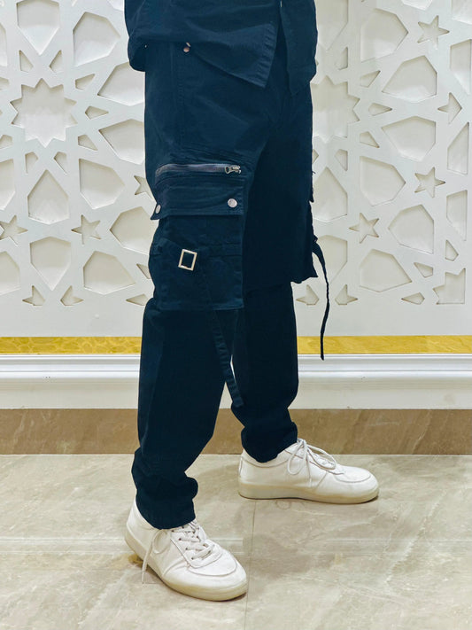 Black Utility Cargo Jeans with Buckle & Zip Detailing PATTERNS FOR MEN