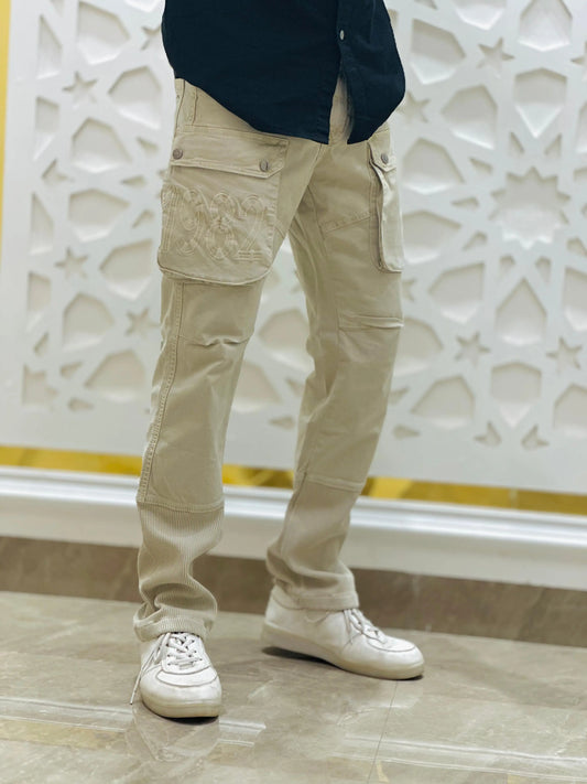 Beige 1982 Embroidered Cargo Jeans with Ribbed Detailing PATTERNS FOR MEN