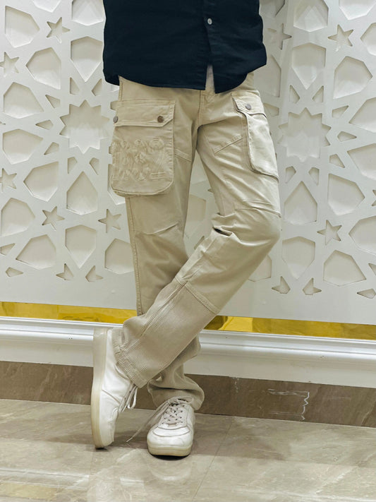 Beige 1982 Embroidered Cargo Jeans with Ribbed Detailing PATTERNS FOR MEN