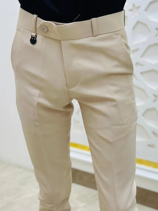 Ivory Cream Slim-Fit Formal Trouser with Buttoned Waist Detail PATTERNS FOR MEN