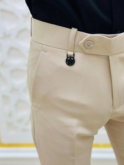 Ivory Cream Slim-Fit Formal Trouser with Buttoned Waist Detail PATTERNS FOR MEN
