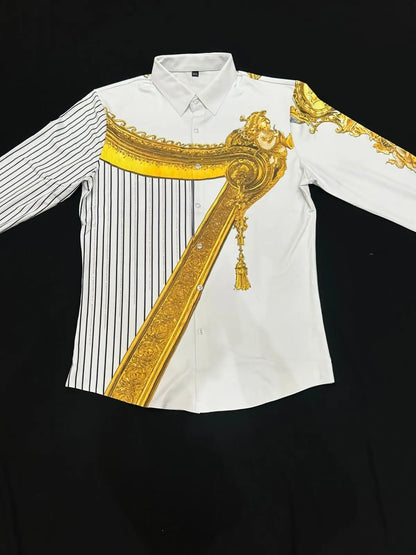 Imported Luxury Men's Shirt – Bold Gold Frame & Stripe Print | Party Wear – ₹1999 PATTERNS FOR MEN