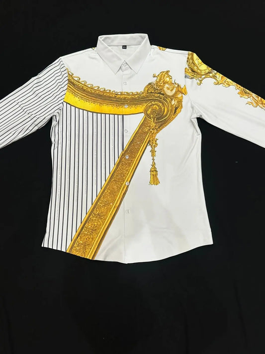 Imported Luxury Men's Shirt – Bold Gold Frame & Stripe Print | Party Wear – ₹1999 PATTERNS FOR MEN