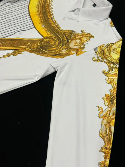 Imported Luxury Men's Shirt – Bold Gold Frame & Stripe Print | Party Wear – ₹1999 PATTERNS FOR MEN