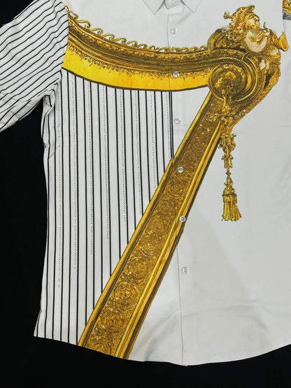 Imported Luxury Men's Shirt – Bold Gold Frame & Stripe Print | Party Wear – ₹1999 PATTERNS FOR MEN