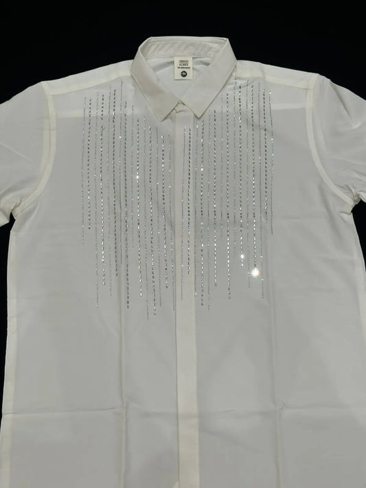 Imported White Crystal Shirt for Men – Slim Fit Party Wear with Shiny Stone Detailing – ₹1499 PATTERNS FOR MEN