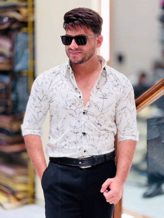 White Botanical Casual Shirt PATTERNS FOR MEN