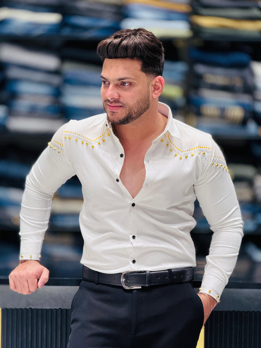 Royal Pearl Stud Party Shirt – White Elegance Edition PATTERNS FOR MEN